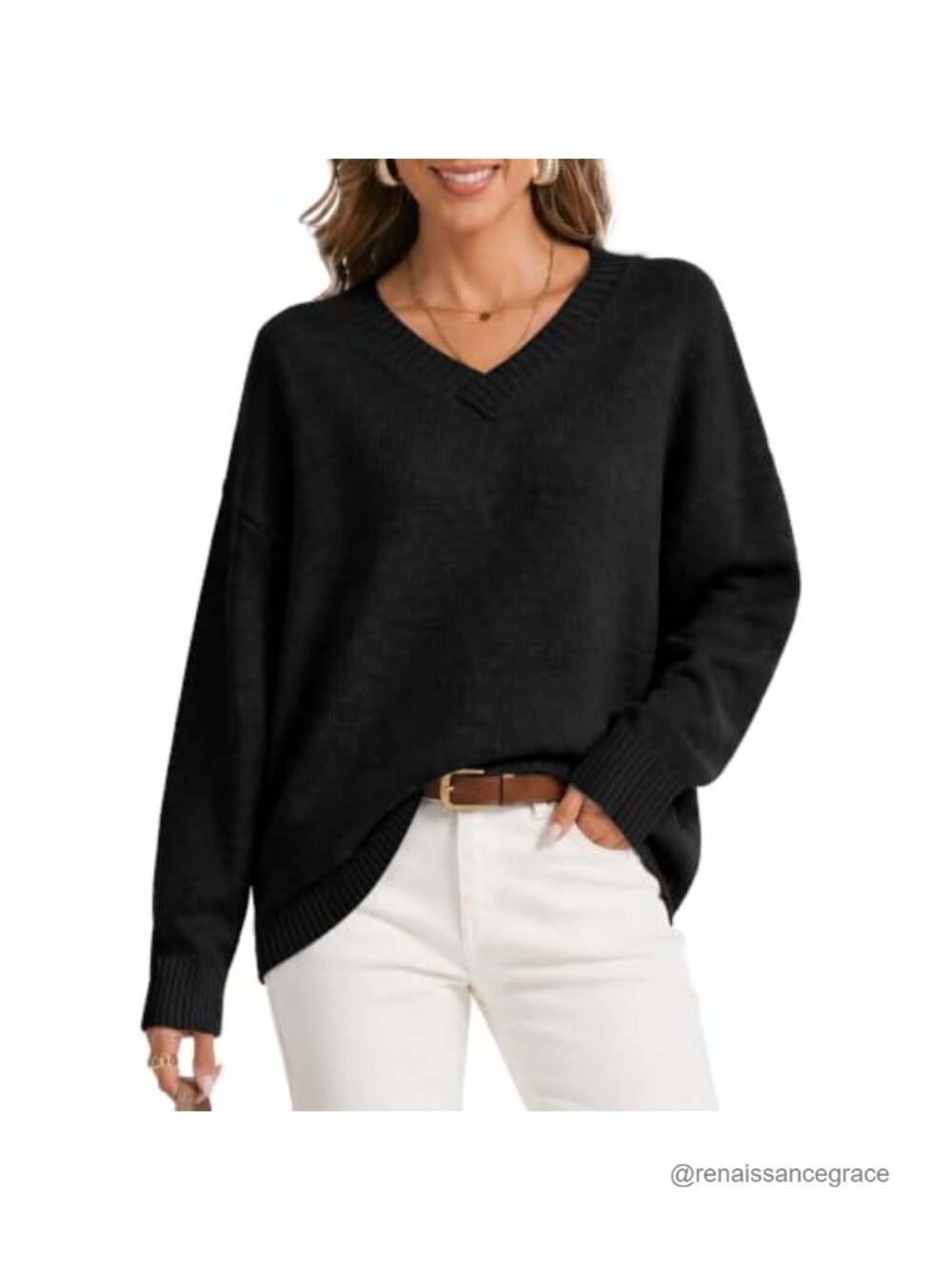 Oversized Cashmere Blend V Neck Sweater Women Long Sleeve Pullover
